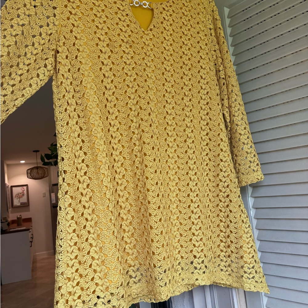 JM Collection Mustard Crochet Tunic with Rhinestone Clasp